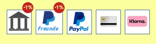 Zahlungsmethoden: Überweisung, Paypal Freunde, Paypal, Kreditkarte, Klarna