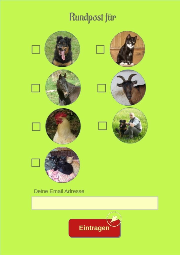 Bild des Newsletterformulars mit Auswahl der Rundpost für Hunde, Katzen, Pferde, Ziegen, Hühner, Tierbesitzer und Tiervermittlung Naturbelassen